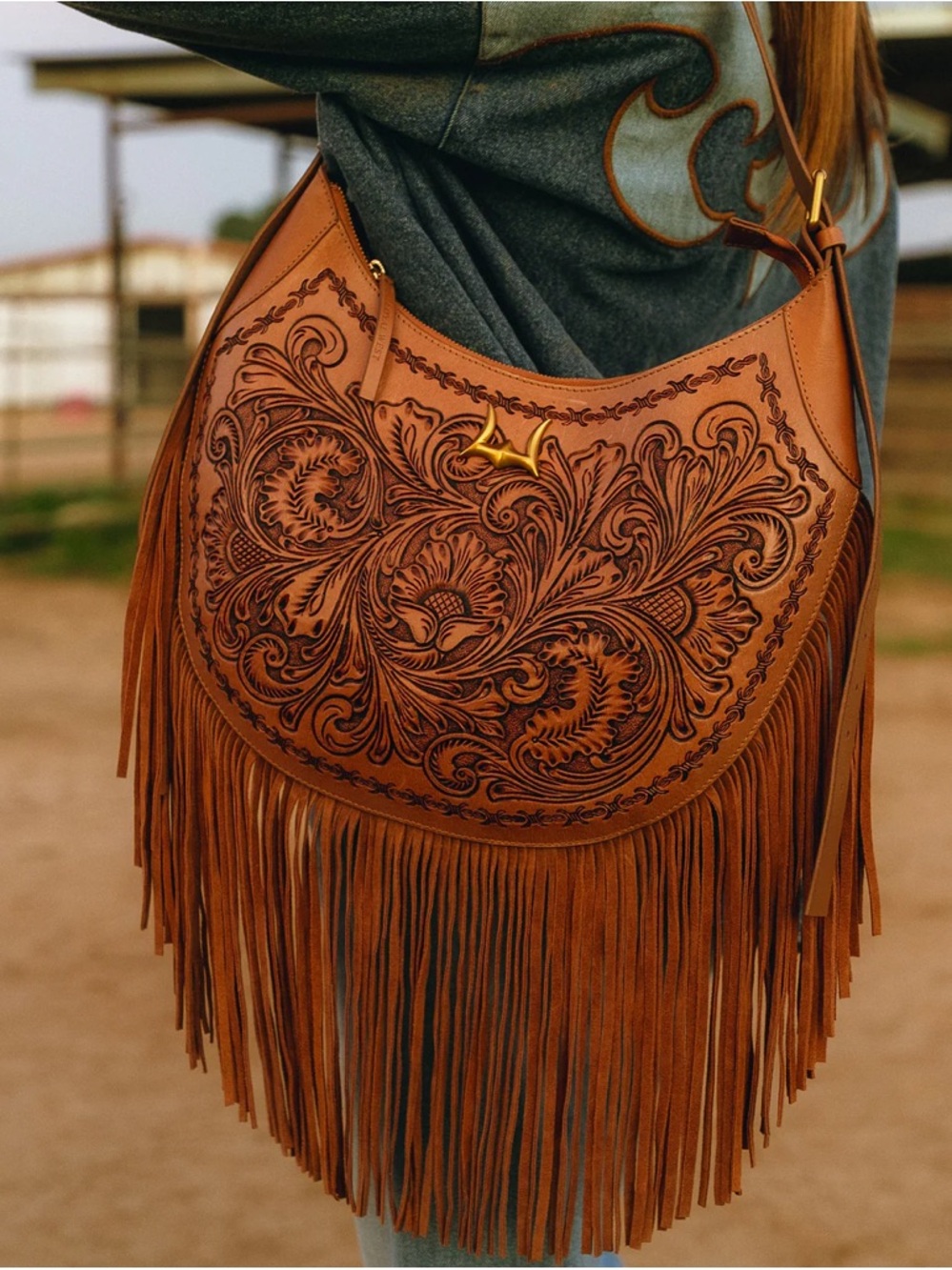 Fringed Tooled Leather Hobo Bag - Brown
